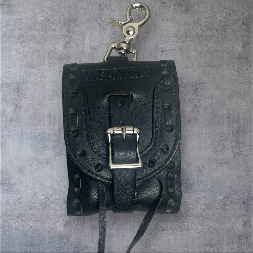 Vintage Harley Davidson Black Leather Utility Pouch Cigarette Case Swivel Hook